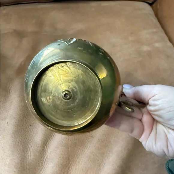 Vintage Etched Solid Brass Pitcher 5” Tall Floral Pattern - Picture 3 of 7